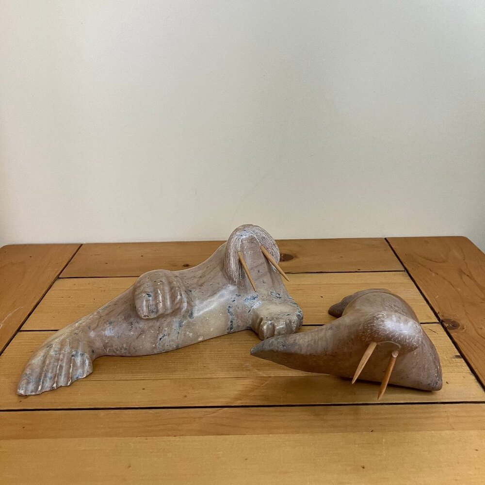 Hand Carved Walrus Stone Statue Set of 2 Figurines Santos Alarcon Made in Canada